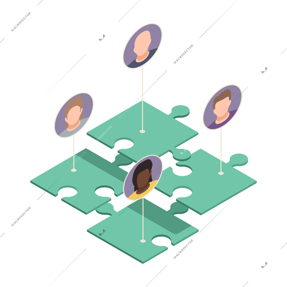 Online virtual team building isometric composition with pieces of puzzle connected to avatars of workers vector illustration