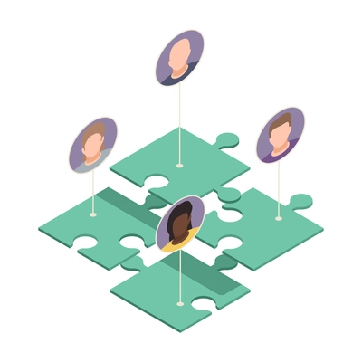 Online virtual team building isometric composition with pieces of puzzle connected to avatars of workers vector illustration