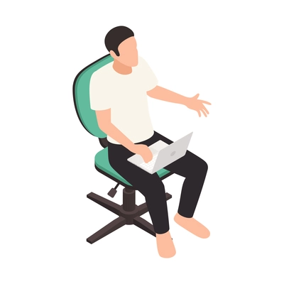 Online virtual team building isometric composition with man sitting in chair with laptop vector illustration