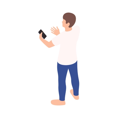 Online virtual team building isometric composition with standing male character holding smartphone in hand vector illustration