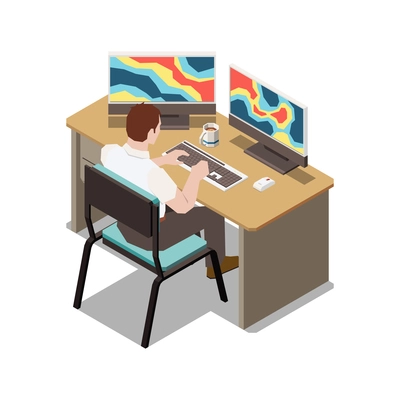 Meteorology weather forecast isometric composition with view of worker analyzing meteorological data on computers vector illustration