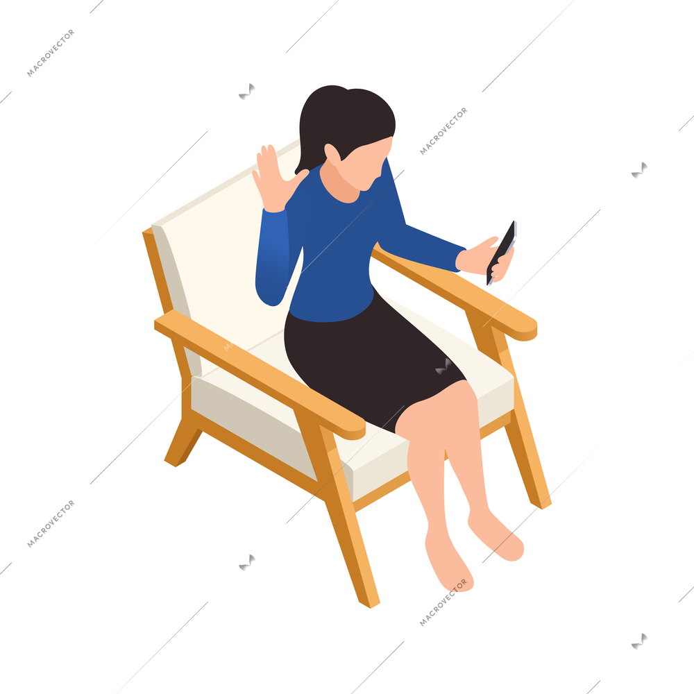 Online virtual team building isometric composition with woman saying hello to colleagues in smartphone vector illustration