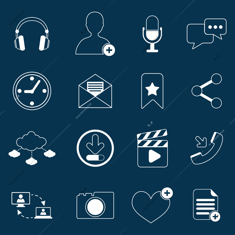 Social network icons outline set with media elements isolated vector illustration