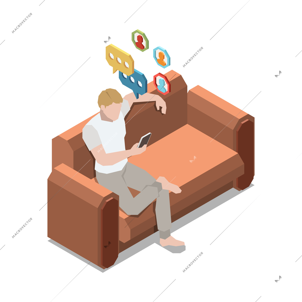 Stay at home isometric composition with man sitting on sofa checking social media on smartphone vector illustration