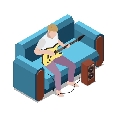 Stay at home isometric composition with male character sitting on sofa playing guitar vector illustration