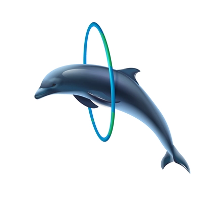 Dolphin circus realistic composition with dolphin jumping through round hoop vector illustration