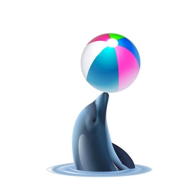 Dolphin circus realistic composition with dophin head holding colorful ball vector illustration