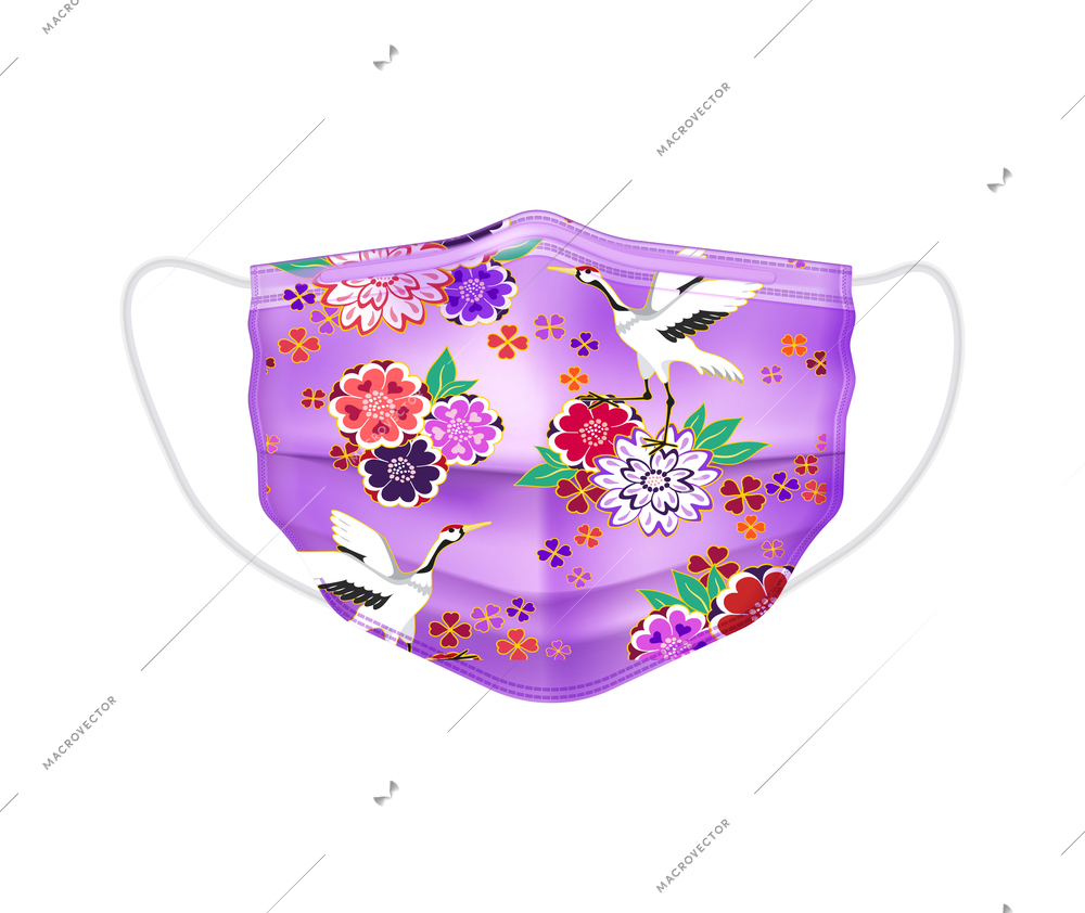 Individual protective medical mask realistic composition with protective mask with images of flowers and birds vector illustration