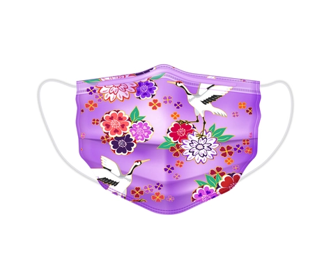 Individual protective medical mask realistic composition with protective mask with images of flowers and birds vector illustration