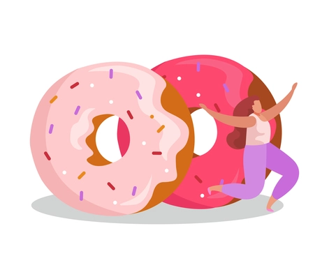 Fastfood flat composition with female character dancing near two big sweet donuts vector illustration