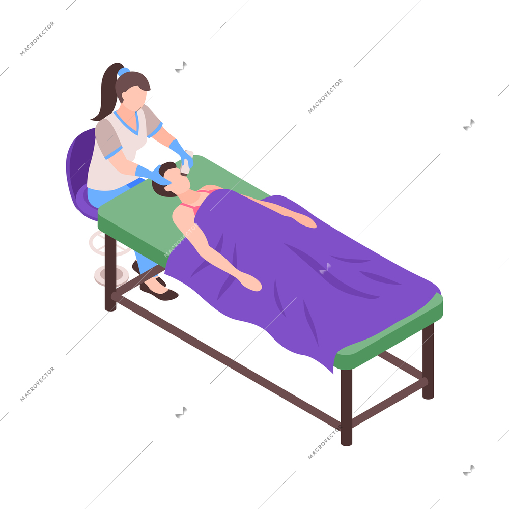 Isometric cosmetologist composition with patient on table and doctor performing facial operation vector illustration
