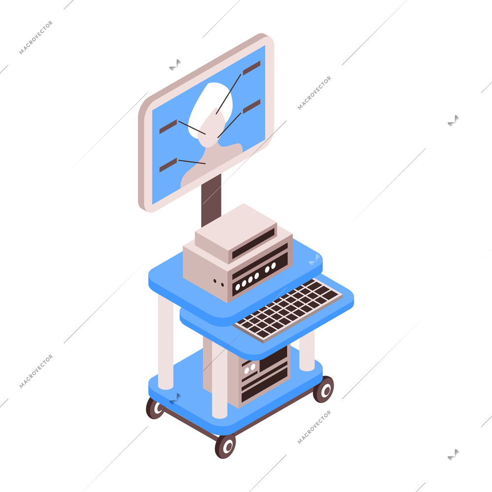 Isometric cosmetologist composition with medical apparatus with screen showing patients face vector illustration