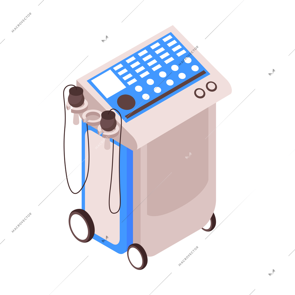 Isometric cosmetologist composition with isolated image of medical apparatus on wheels vector illustration