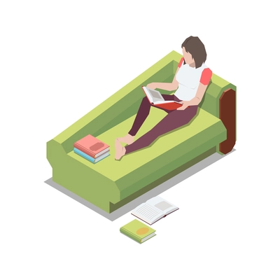 Stay at home isometric composition with woman lying on sofa reading various books vector illustration