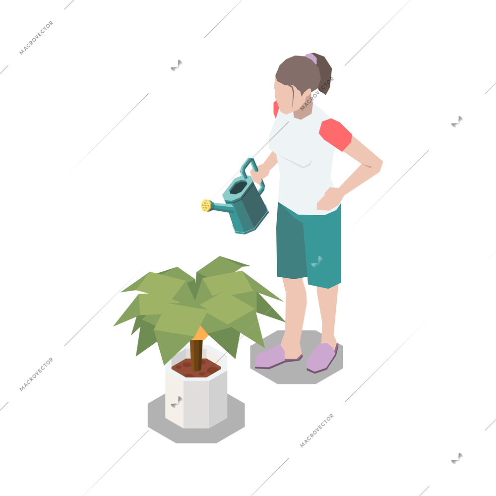 Stay at home isometric composition with character of girl watering home plant in pot vector illustration