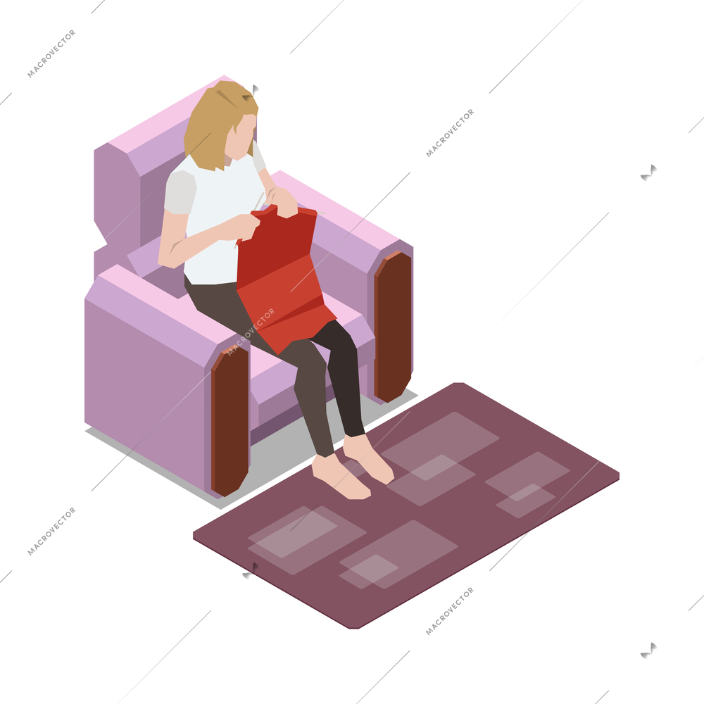 Stay at home isometric composition with female character sitting in chair with selfmade wear vector illustration