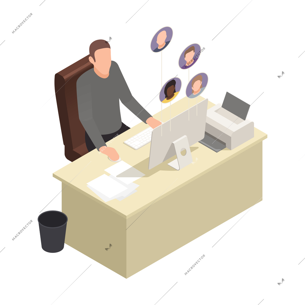 Online virtual team building isometric composition with character of boss sitting at computer table with avatars of employees vector illustration