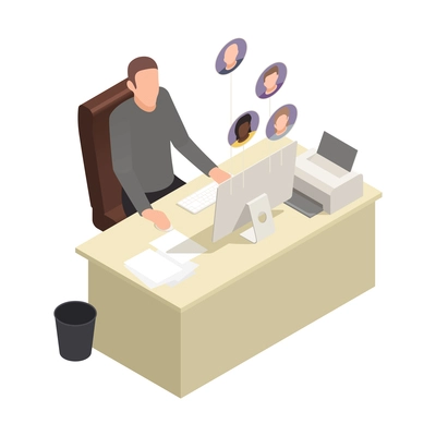 Online virtual team building isometric composition with character of boss sitting at computer table with avatars of employees vector illustration