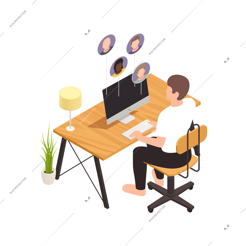 Online virtual team building isometric composition with male worker sitting at computer table with coworker avatars vector illustration