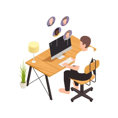 Online virtual team building isometric composition with male worker sitting at computer table with coworker avatars vector illustration