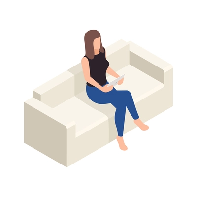 Online virtual team building isometric composition with woman sitting on sofa holding tablet vector illustration