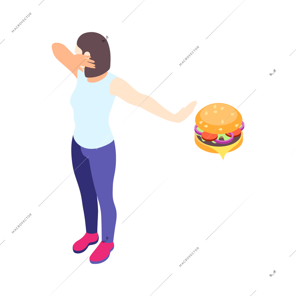 Woman on diet isometric composition with female character refusing to eat burger vector illustration