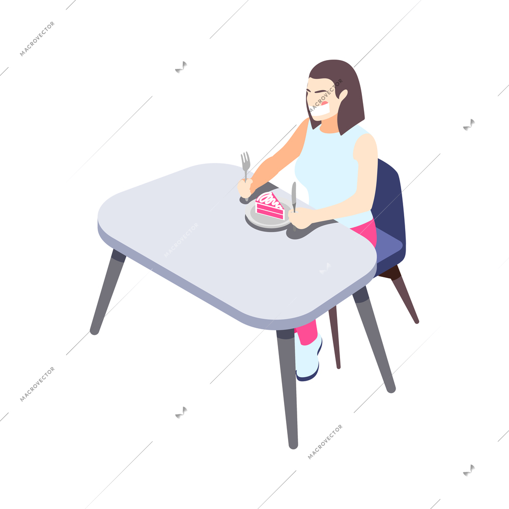 Woman on diet isometric composition with female character eating piece of cake vector illustration