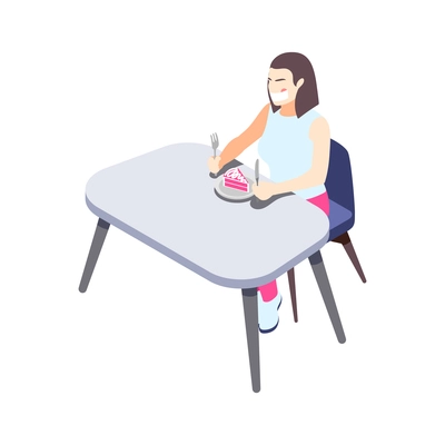 Woman on diet isometric composition with female character eating piece of cake vector illustration