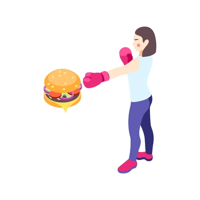 Woman on diet isometric composition with female character in boxing gloves punching burger icon vector illustration