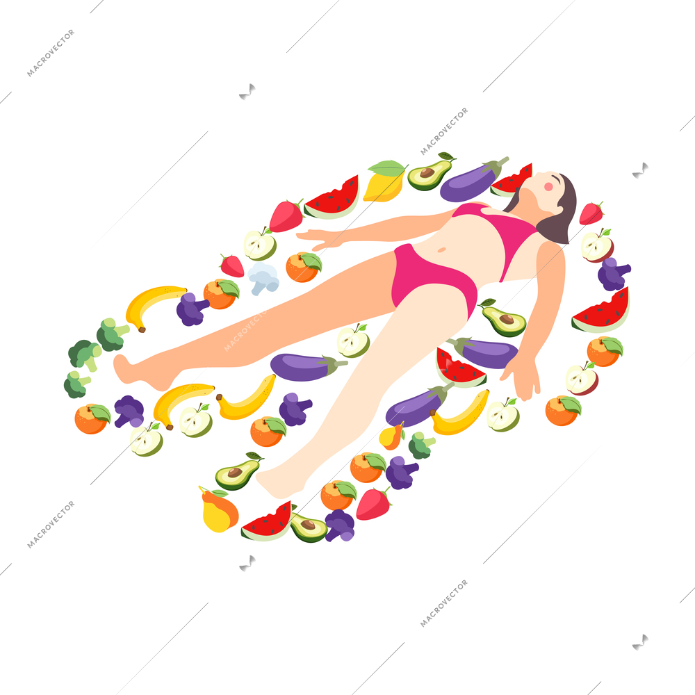 Woman on diet isometric composition with female character lying on ground surrounded by fruits vector illustration