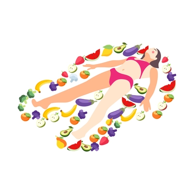 Woman on diet isometric composition with female character lying on ground surrounded by fruits vector illustration
