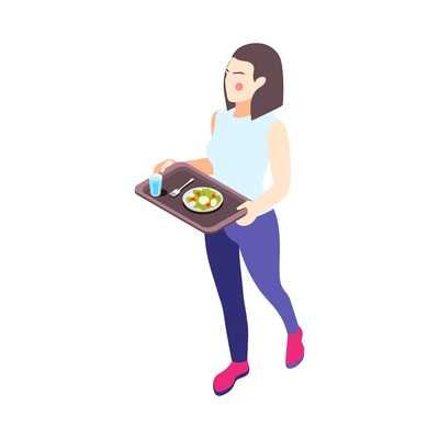 Woman on diet isometric composition with female character holding tray with salad and glass of water vector illustration