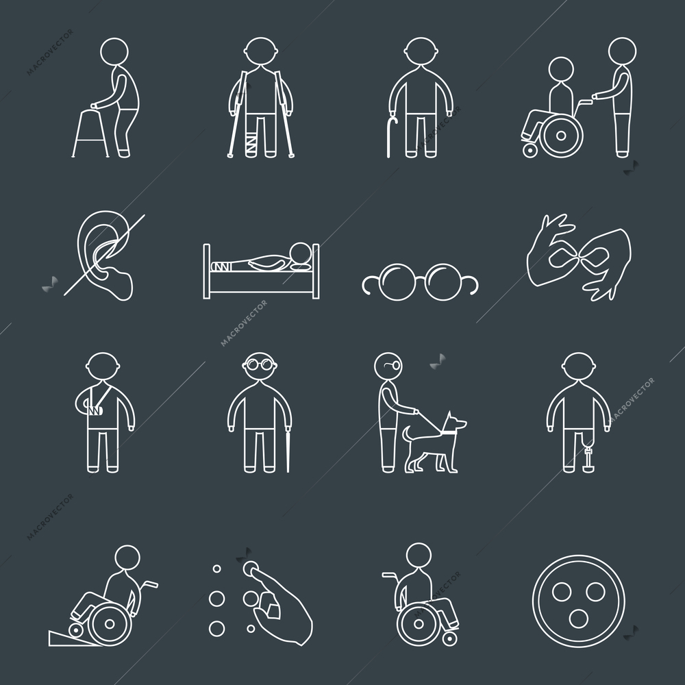 Disabled people outline icons set of wheelchair blind deaf man isolated vector illustration