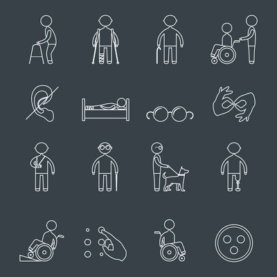 Disabled people outline icons set of wheelchair blind deaf man isolated vector illustration