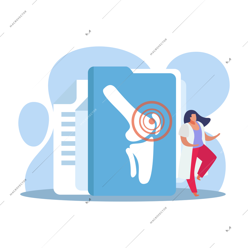 Orthopedics clinic flat composition with folder leg bones image and female doctor character vector illustration