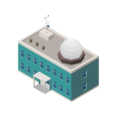 Meteorology weather forecast isometric composition with isolated modern meteo station building vector illustration