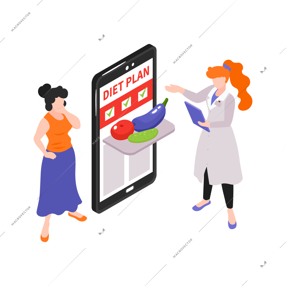 Isometric dietician nutritionist composition with characters of doctor and patient with diet plan on smartphone vector illustration