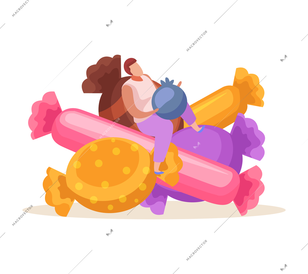 Sweets and people flat composition with male character sitting on pile of candies with blueberry vector illustration