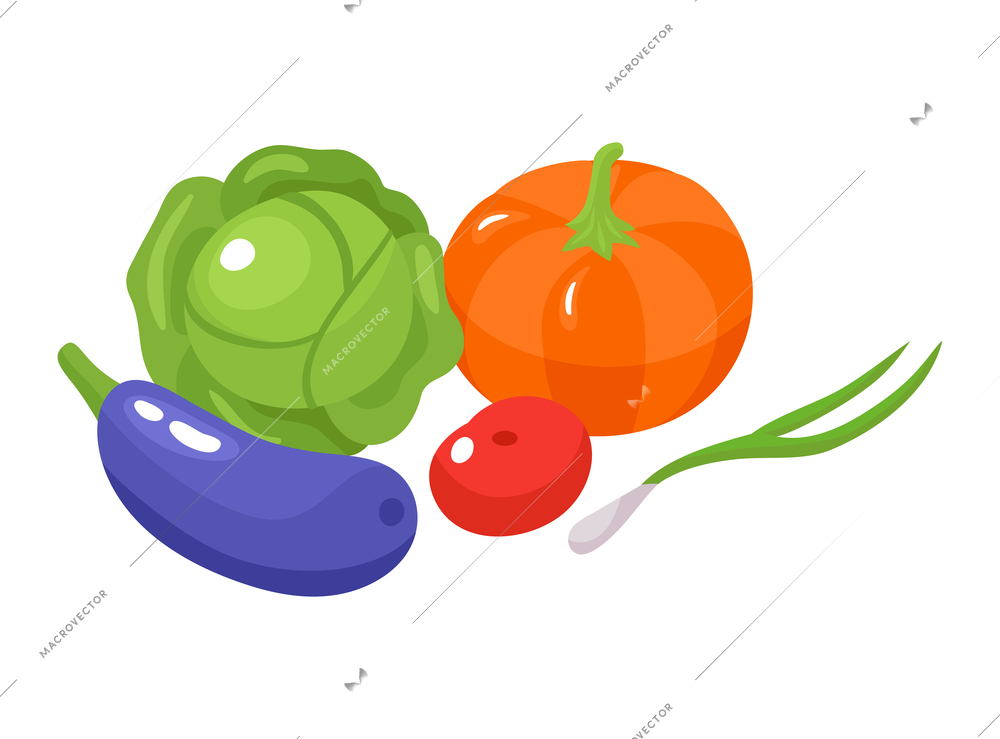 Isometric dietician nutritionist composition with icons of cabbage squash pumpkin tomato and ripe onion vector illustration