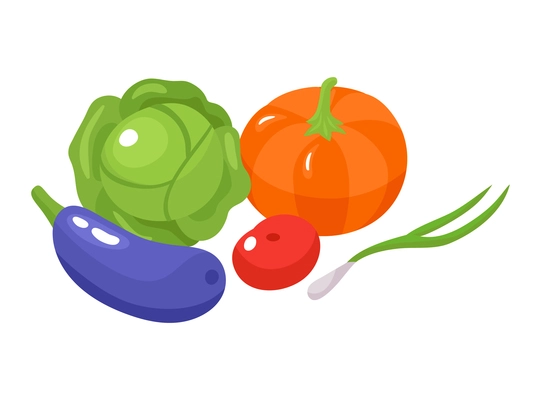 Isometric dietician nutritionist composition with icons of cabbage squash pumpkin tomato and ripe onion vector illustration