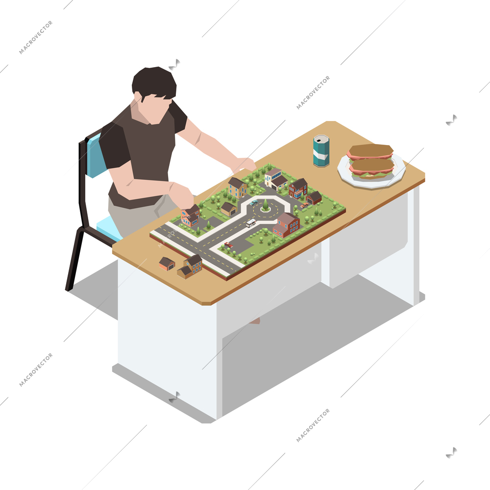 Stay at home isometric composition with man sitting at table playing with small model of city vector illustration