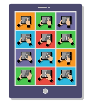 Hand holding device gestures icons set on tablet pc vector illustration