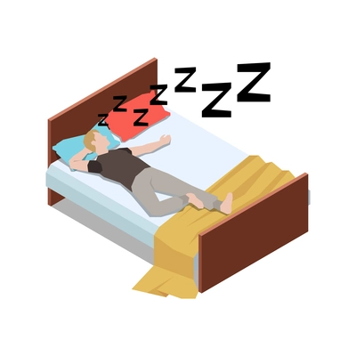 Stay at home isometric composition with view of bed with sleeping man vector illustration