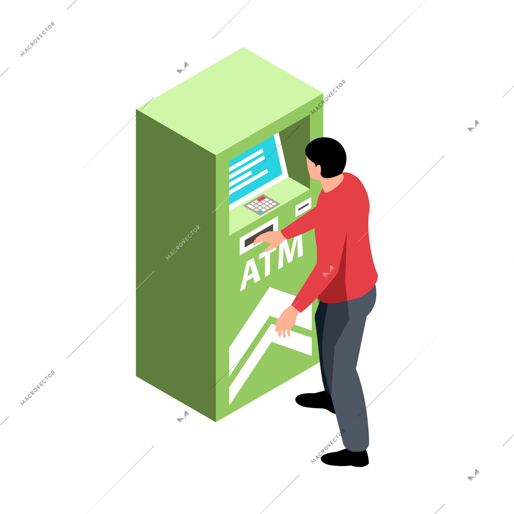 Isometric bank composition with character of client working with atm vector illustration