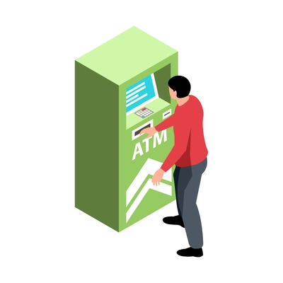 Isometric bank composition with character of client working with atm vector illustration