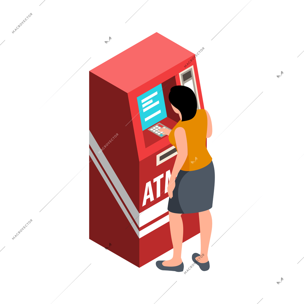 Isometric bank composition with female client character working with atm vector illustration