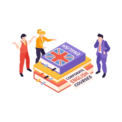 Isometric language center courses composition with bunch of books of english surrounded by people vector illustration