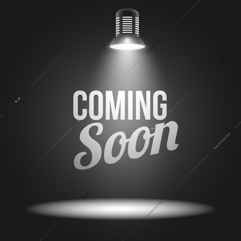 Coming soon message illuminated with light projector blank stage realistic vector illustration