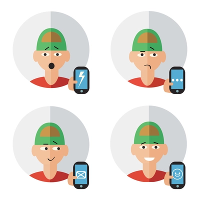 Man character with mobile phone in hand human emotions set isolated vector illustration