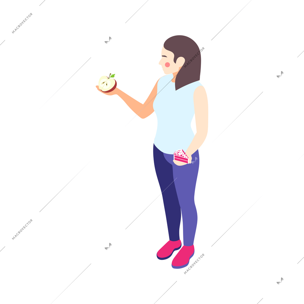 Woman on diet isometric composition with female character holding cake and apple in hands vector illustration